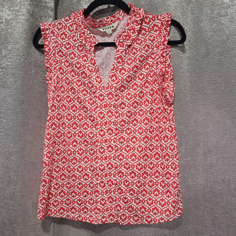 Boden Red White Floral Geometric Ruffle Collar Sleeveless Blouse Top‎ US 6 UK 10
